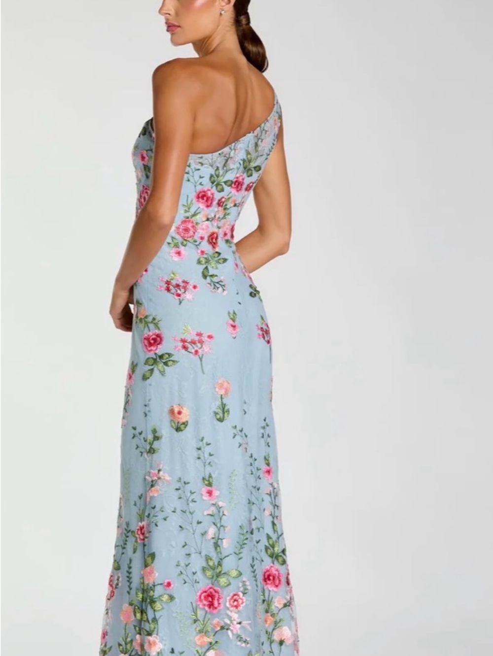 Mac Duggal Light Blue One-Shoulder Floral Embroidered Gown